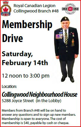 Collingwood Legion Branch #48 membership drive is Valentine's Day