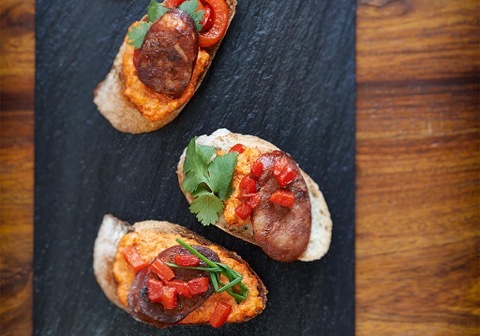 chorizo.tapas.roasted.red.pepper.sauce