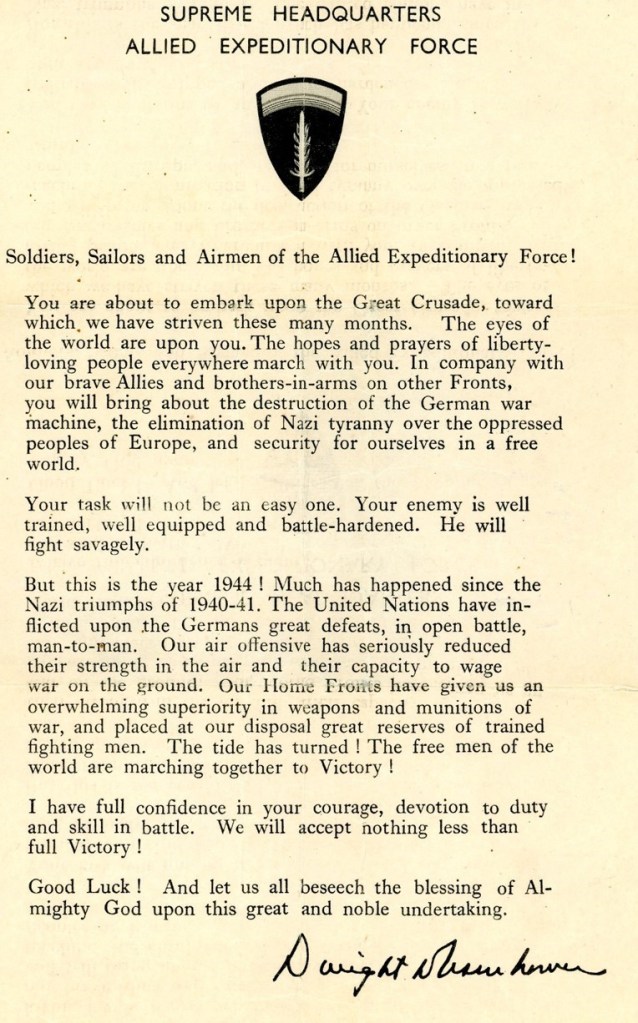 D-Day letter sent to troops before their departure for Normandy in 1944.